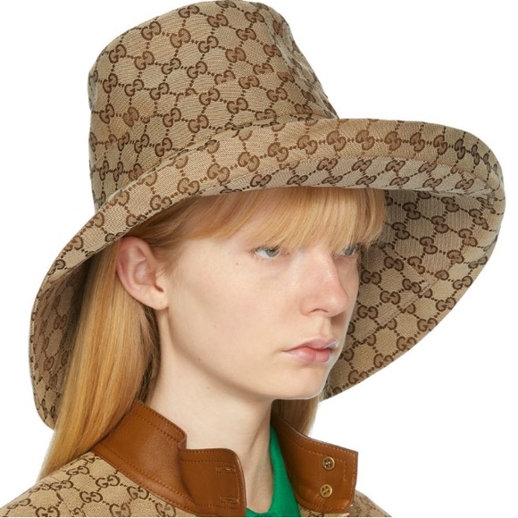 Gucci GG Monogram Bucket Hat Beige Canvas Beach Jacquard Large Wide Brim - Picture 8 of 15